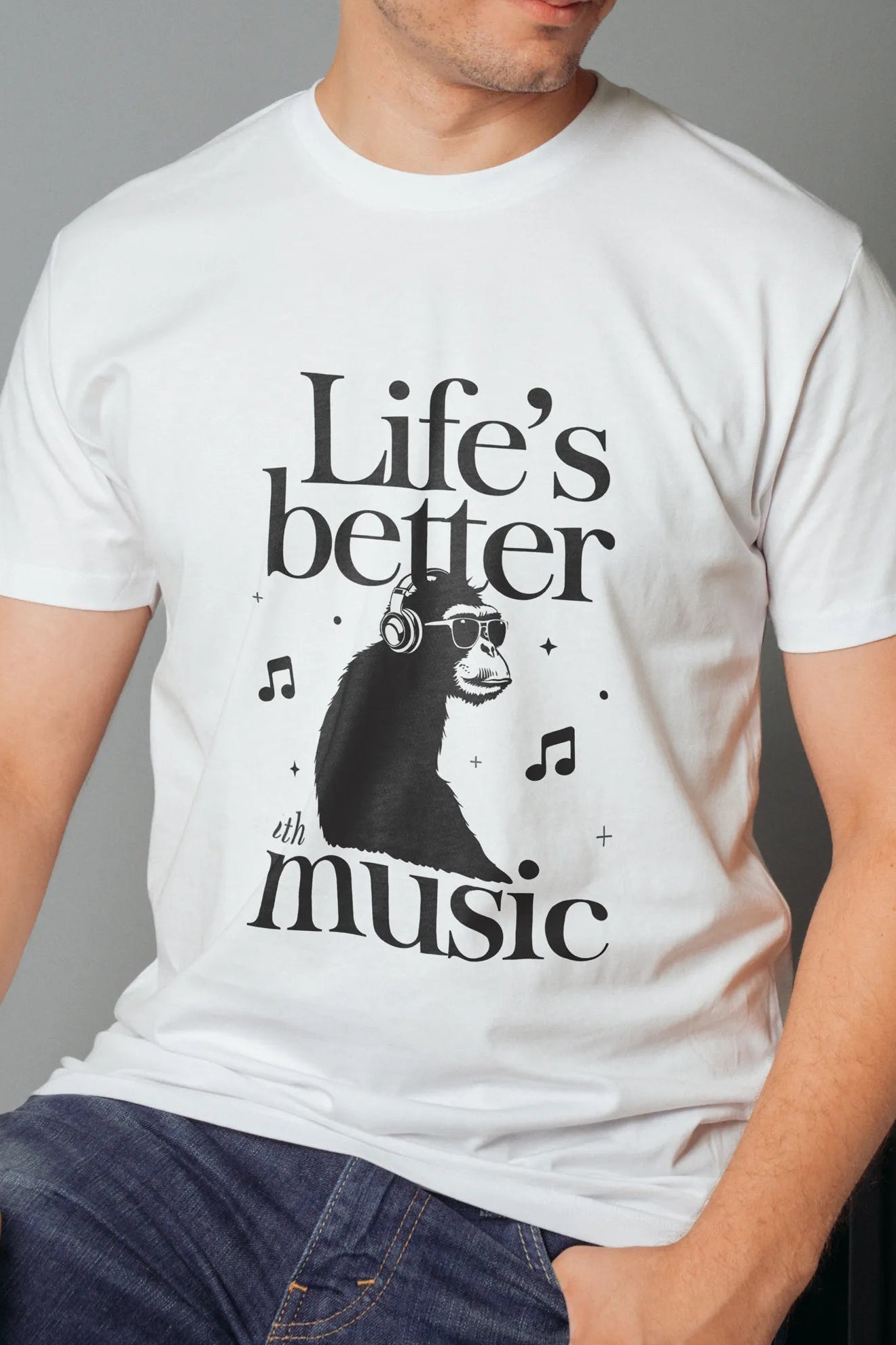 Men wearing life's better with music graphic tee.