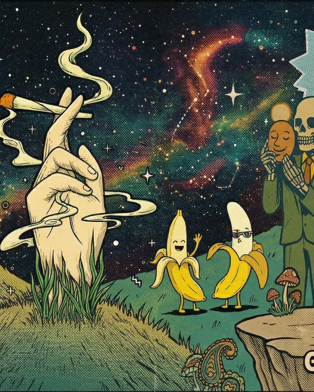 Surreal artwork with various elements including bananas, a ghost, and a UFO in a cosmic setting.
