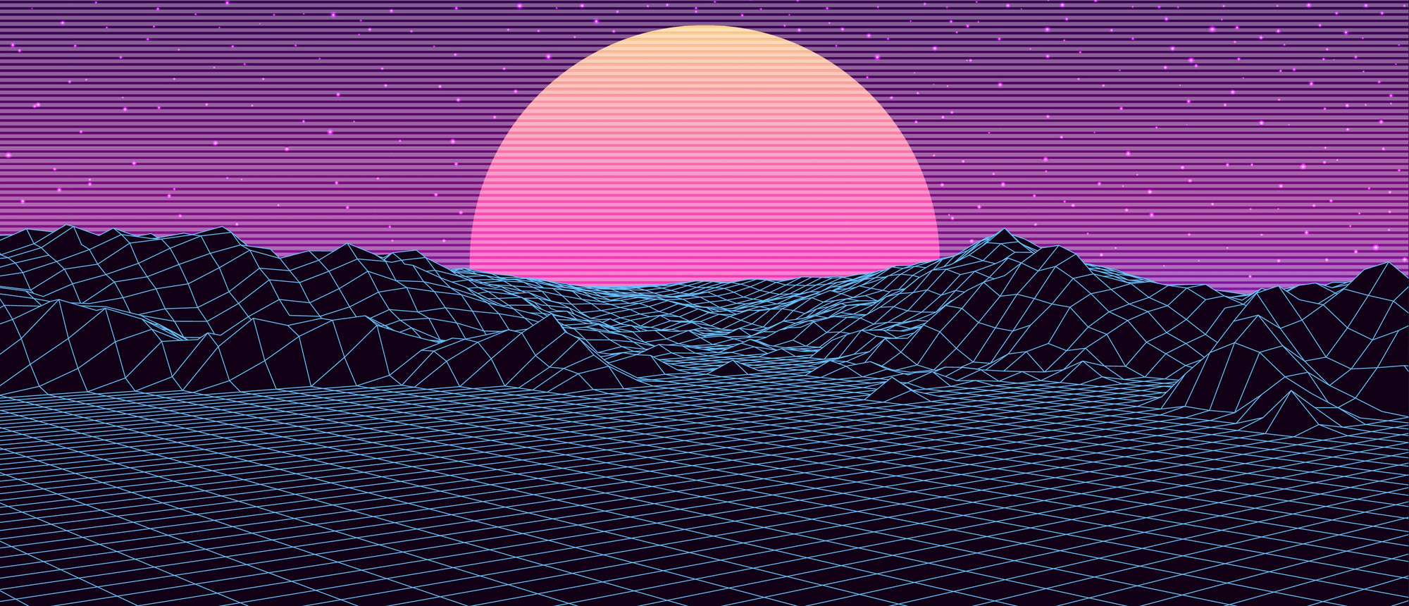 Retro landscape with grid lines, mountains, and a pink sun on a purple background