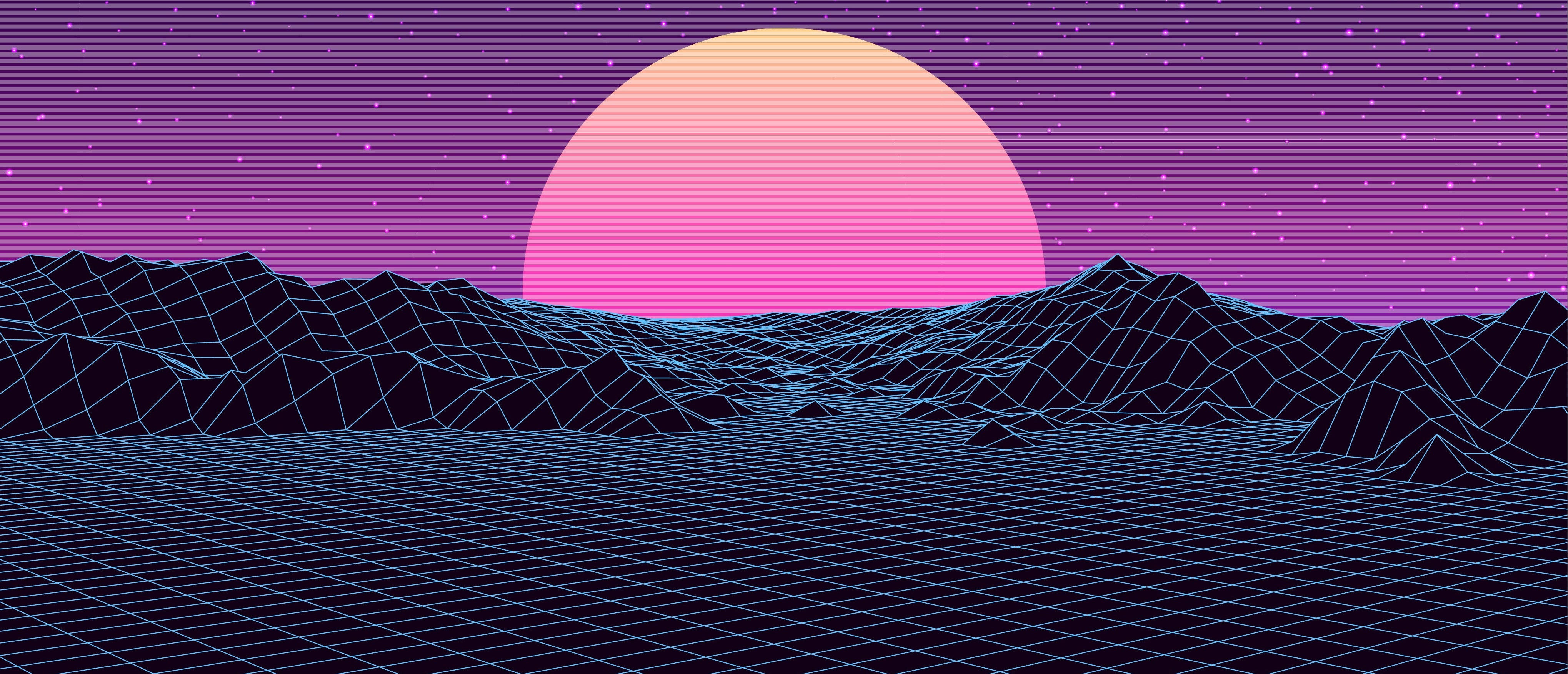 Retro landscape with grid lines, mountains, and a pink sun on a purple background